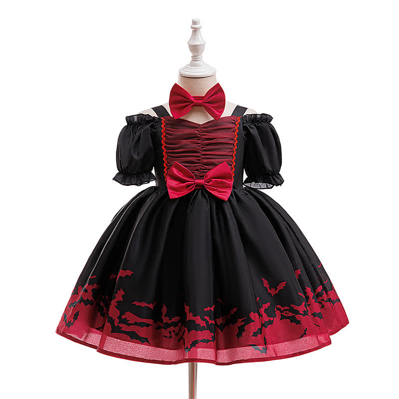 Chemical Fiber Blend Shirred Bow Printing Short Sleeve Mid-long Dresses - Black&Red - 8Y - image 1