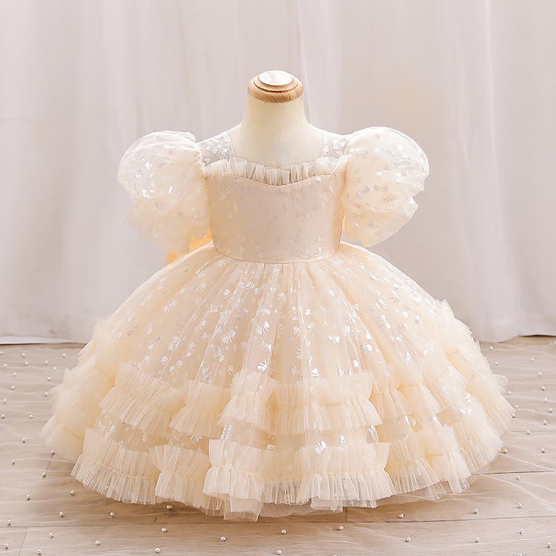 Mesh Piping Short Sleeve Midi Dresses - Champagne - 6-7Y - image 1