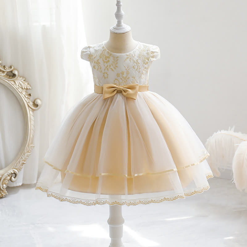 Mesh Folds Bow Cap Sleeve Midi Dresses - Yellow - 6-7Y - image 1