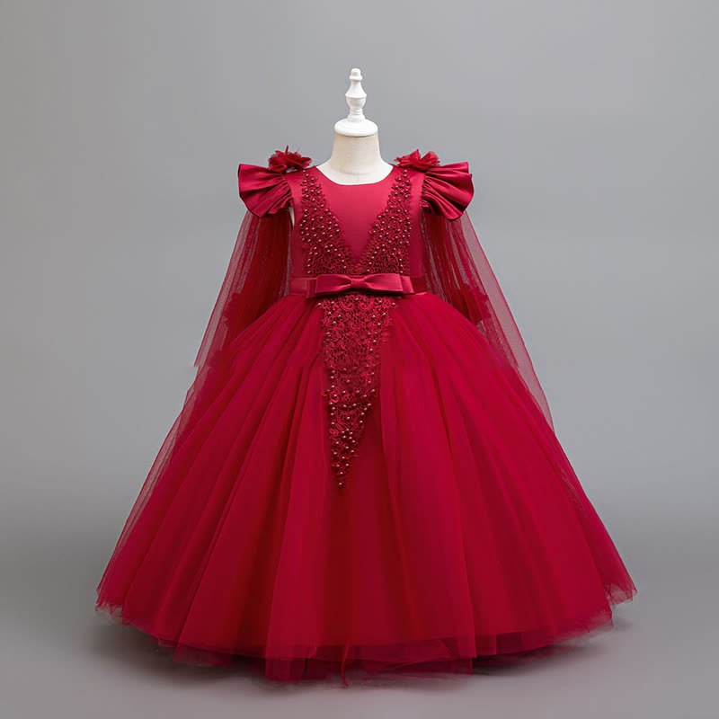 Mesh Applique Cap Sleeve Maxi Dresses - Red - 8-9Y - image 2