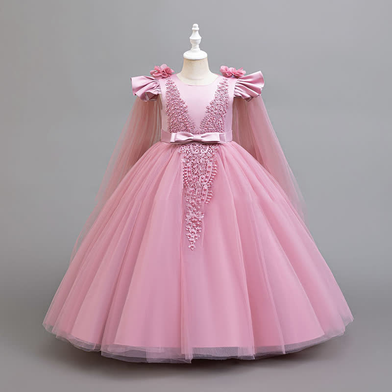 Mesh Applique Cap Sleeve Maxi Dresses - Pink - 8-9Y - image 1