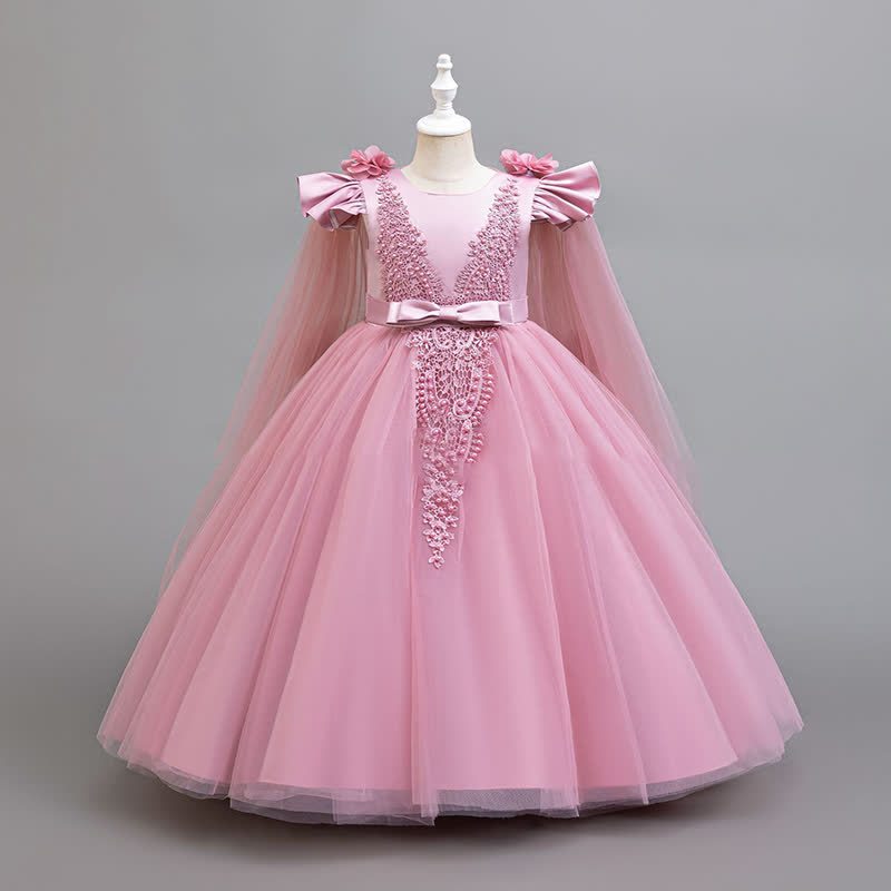 Mesh Applique Cap Sleeve Maxi Dresses - Pink - 8-9Y - image 1