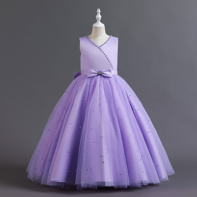 [Archive Sale] Satin Imitation Pearls Sleeveless Maxi Dresses - Purple - 6-7Y【130CM】 - image 1