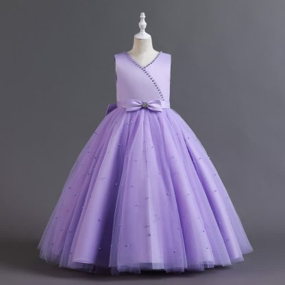 [Archive Sale] Satin Imitation Pearls Sleeveless Maxi Dresses - Purple - 6-7Y【130CM】 - image 1