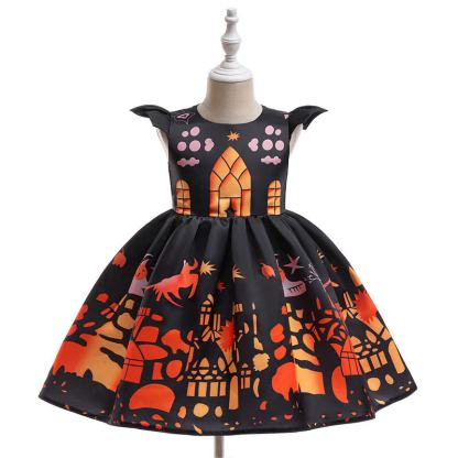 Chemical Fiber Blend Printing Sleeveless Mid-long Dresses - Black&Orange - 8Y - image 1