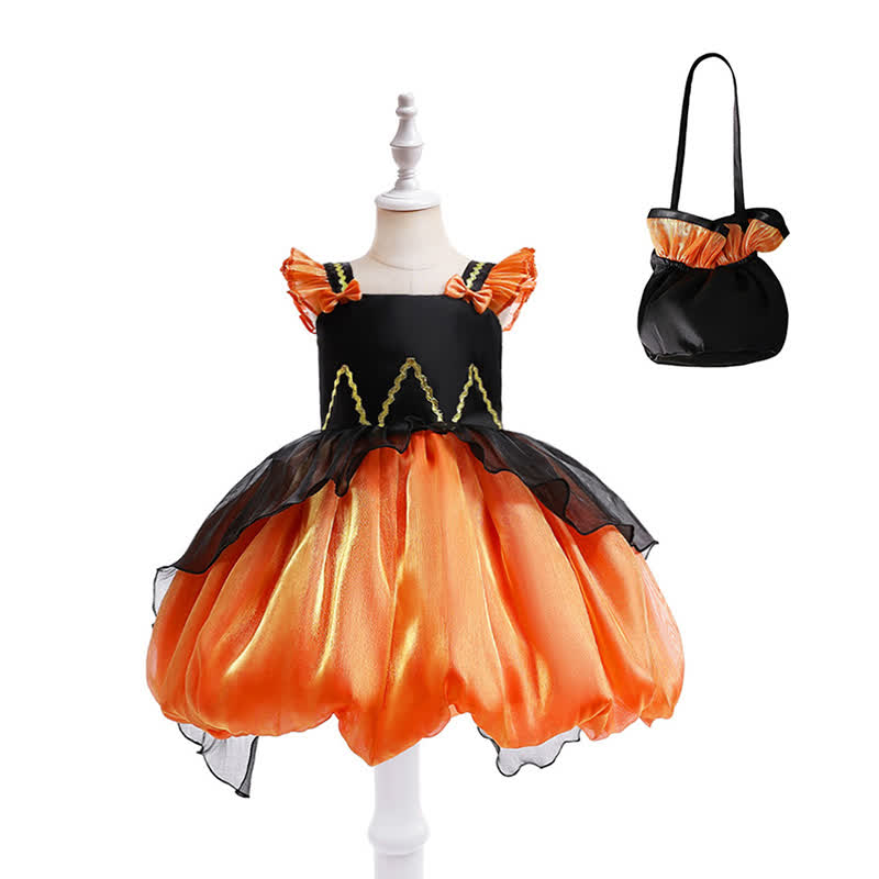 Chemical Fiber Blend Folds Short Sleeve Mid-long Dresses - Black&Orange - 7Y - image 1