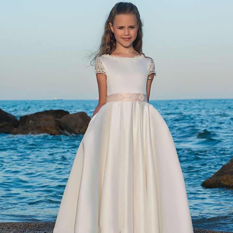 [Archive Sale] Satin Lace Split Joint Lace Short Sleeve Maxi Dresses - White - 8-9Y[【140CM】 - image 1
