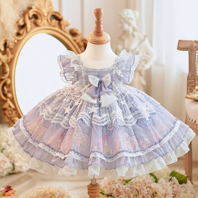 [Archive Sale] Chemical Fiber Blend Stitching Lace Short Sleeve Midi Dresses - Purple - 2-3Y【100CM】 - image 1