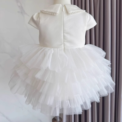 Satin Imitation Pearls Split Joint Folds Short Sleeve Midi Dresses - image 6