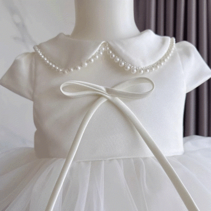 Satin Imitation Pearls Split Joint Folds Short Sleeve Midi Dresses - image 7