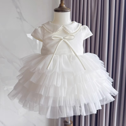 Satin Imitation Pearls Split Joint Folds Short Sleeve Midi Dresses - White - 9-10Y - image 5