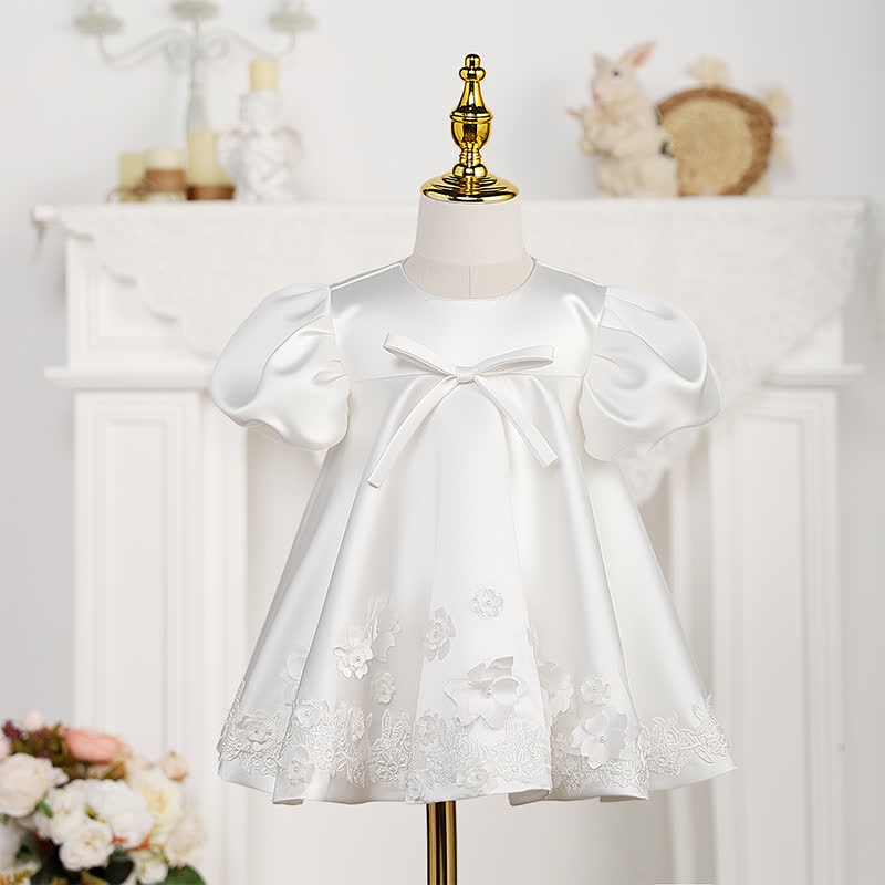 Satin Rosette Short Sleeve Midi Dresses - Beige - 10-11Y - image 1