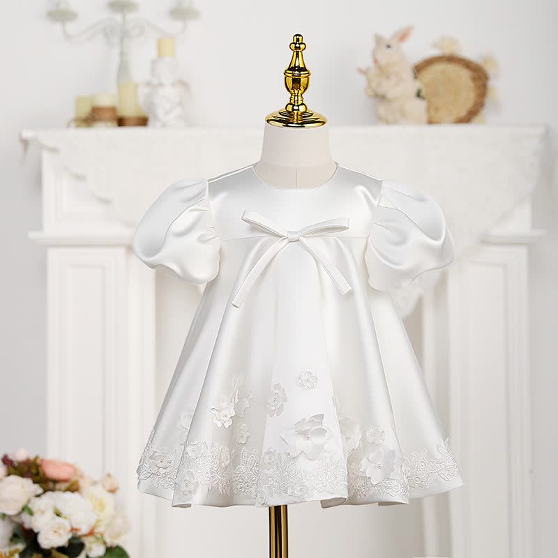 Satin Rosette Short Sleeve Midi Dresses - Beige - 10-11Y - image 1