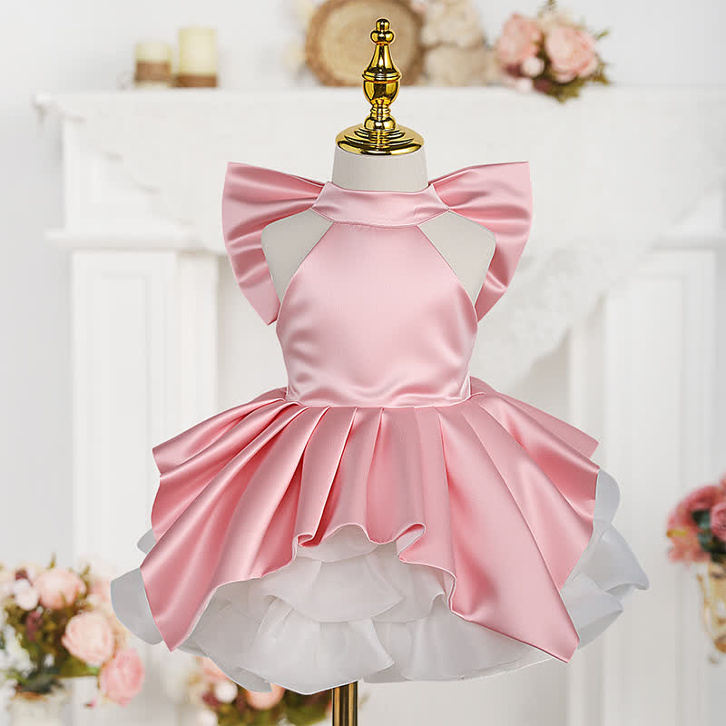 Satin & Mesh Split Joint Bow Sleeveless Midi Dresses - Pink - 15-16Y - image 1