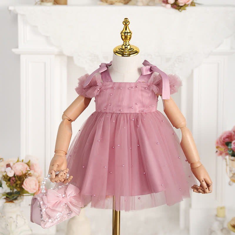 Mesh Imitation Pearls Sleeveless Midi Dresses - Pink - 5-6Y - image 1