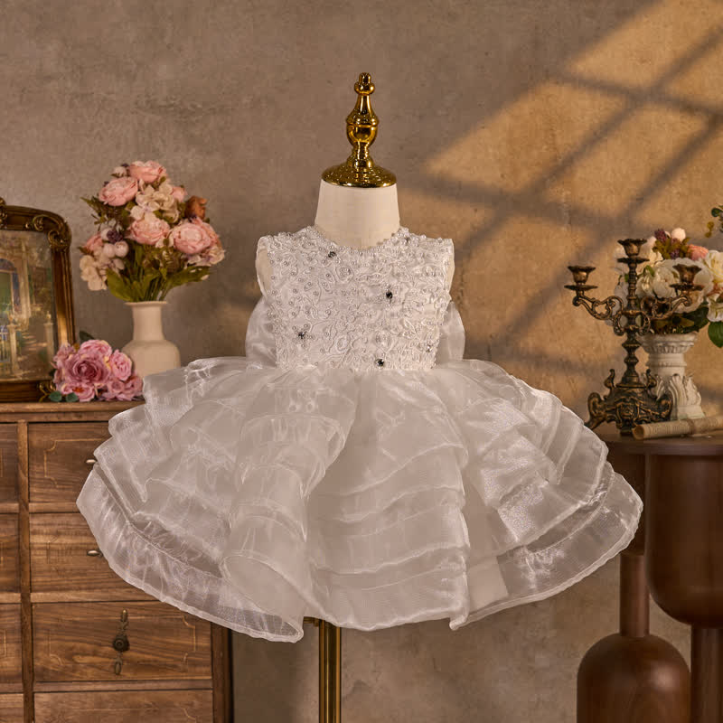 Organza Imitation Pearls Beaded Loose Midi Dresses - White - 7-8Y - image 1