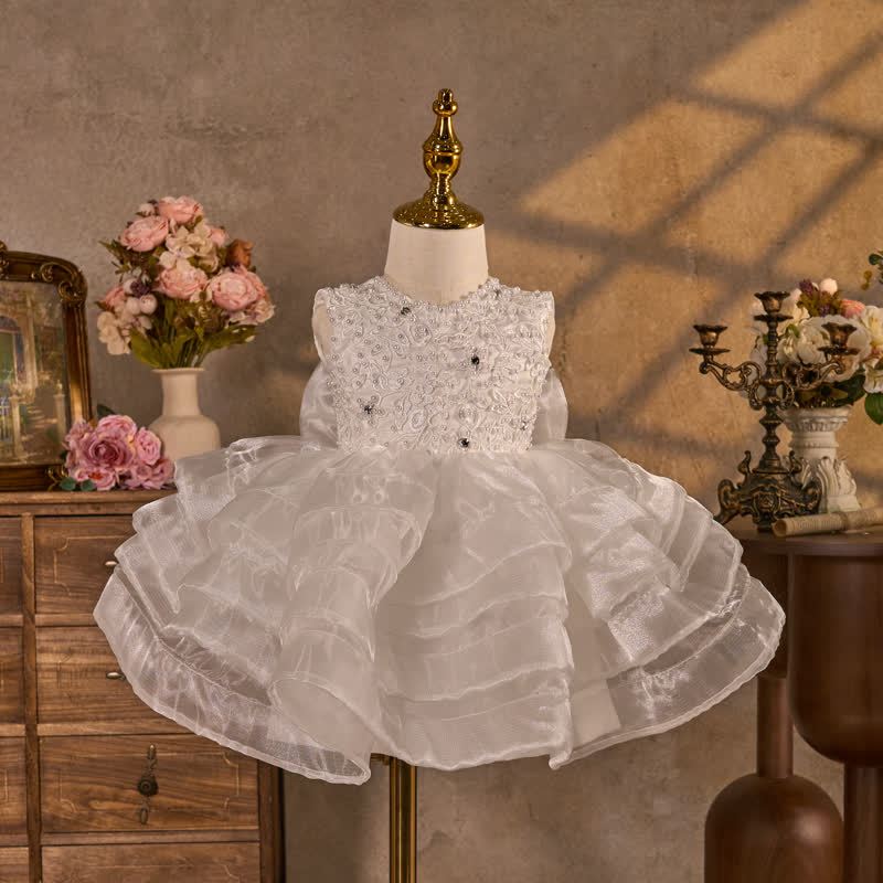 Organza Imitation Pearls Beaded Loose Midi Dresses - White - 7-8Y - image 1