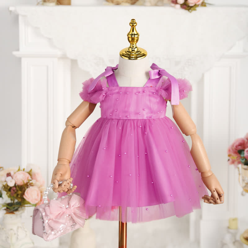Mesh Imitation Pearls Sleeveless Midi Dresses - Rosy Red - 5-6Y - image 3