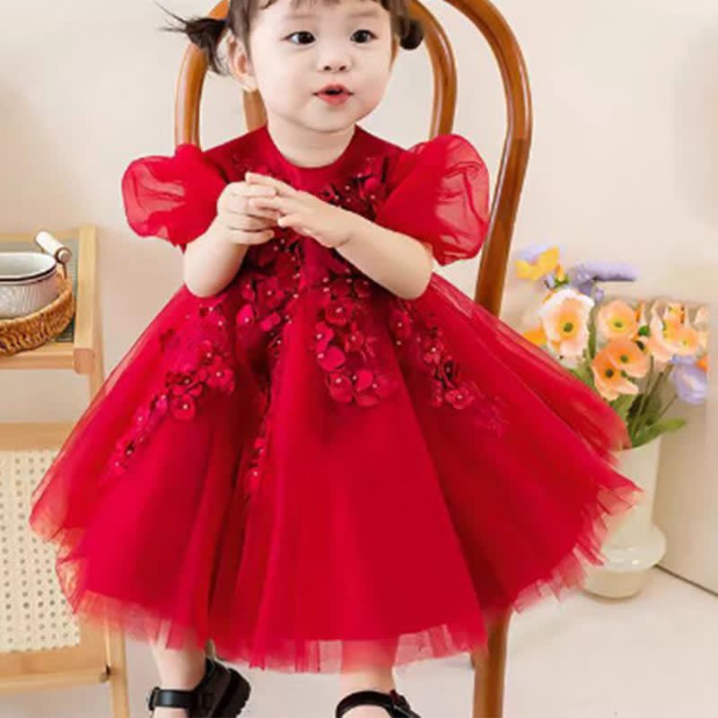 Mesh Applique Short Sleeve Midi Dresses - Red - 15-16Y - image 5