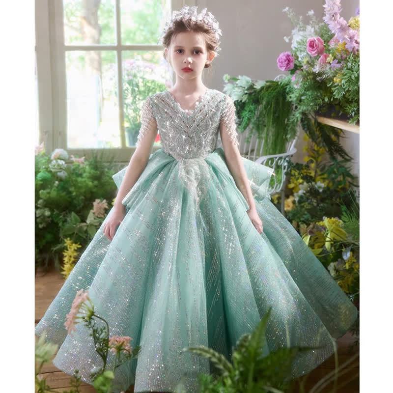 Mesh Sequins Folds Sleeveless Maxi Dresses - Green - 14-15Y - image 1