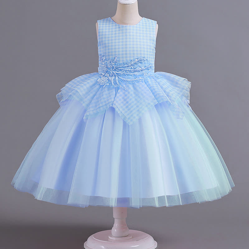 Mesh Folds Lace Sleeveless Mid-long Dresses - Blue - 14-15Y - image 1