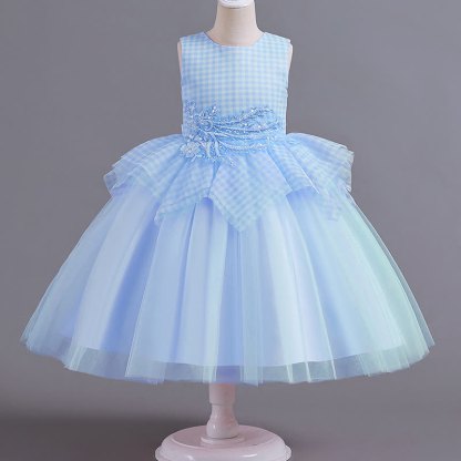 Mesh Folds Lace Sleeveless Mid-long Dresses - Blue - 14-15Y - image 1