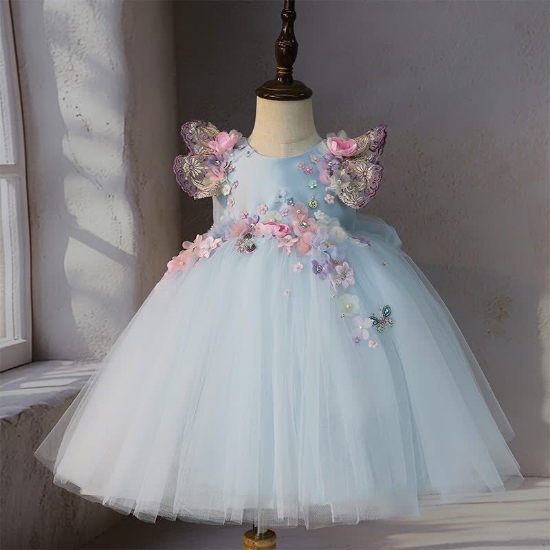 Mesh Rosette Butterfly Sleeveless Mid-long Dresses - Blue - 9-10Y - image 1