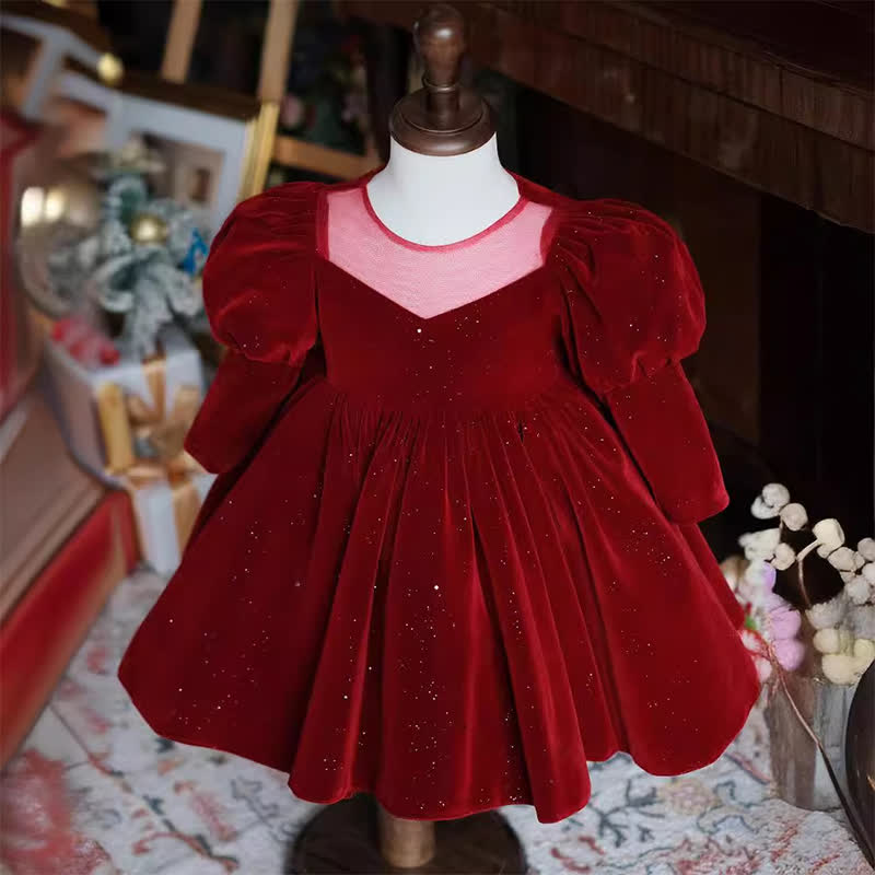 Velvet Glitter Long Sleeve Mid-long Dresses - Red - 11-12Y - image 1