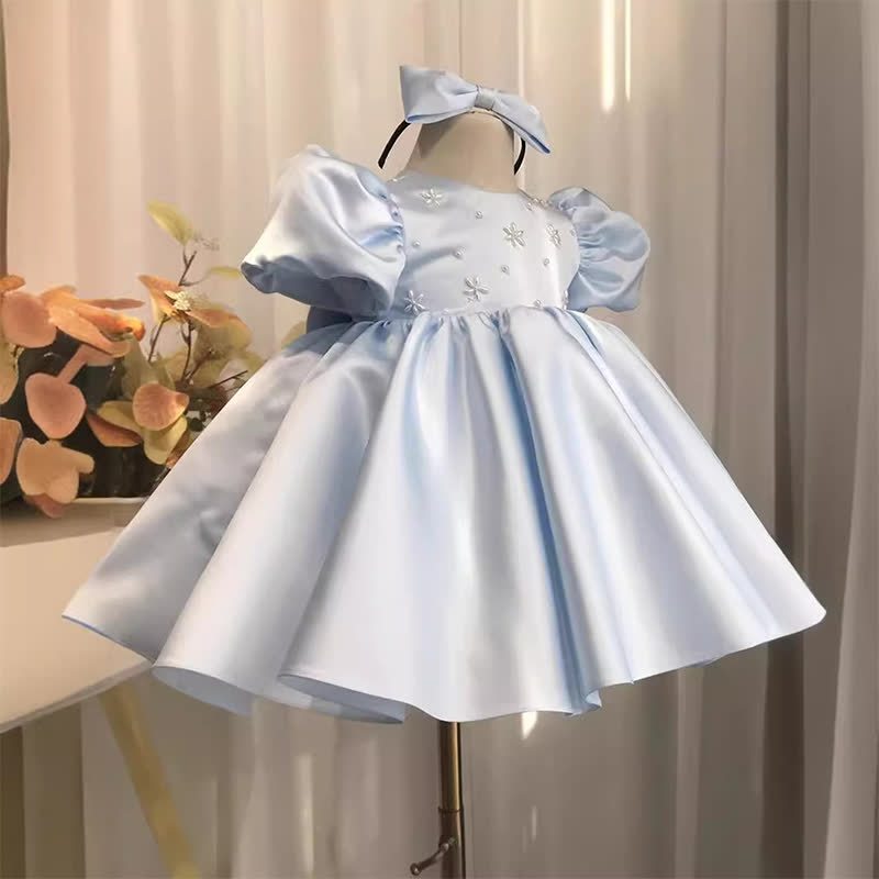 Satin Pearl Short Sleeve Mid-long Dresses - Blue - 6-7Y - image 1