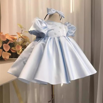 Satin Pearl Short Sleeve Mid-long Dresses - Blue - 6-7Y - image 1