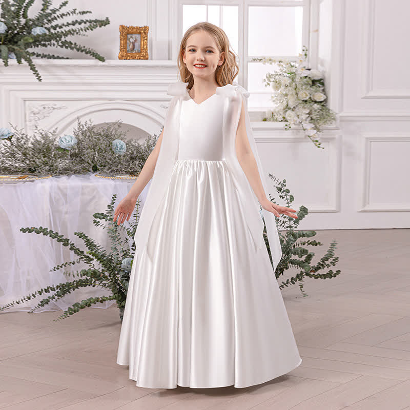 Satin Bow Sleeveless Maxi Dresses - White - 13Y - image 2
