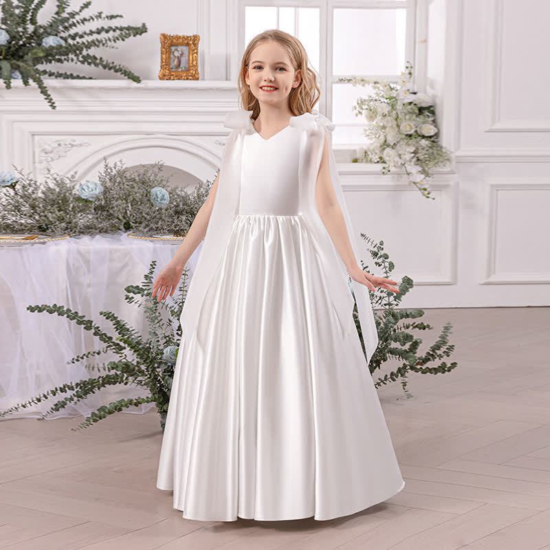 Satin Bow Sleeveless Maxi Dresses - White - 13Y - image 2