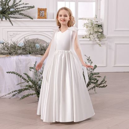 Satin Bow Sleeveless Maxi Dresses - White - 13Y - image 2