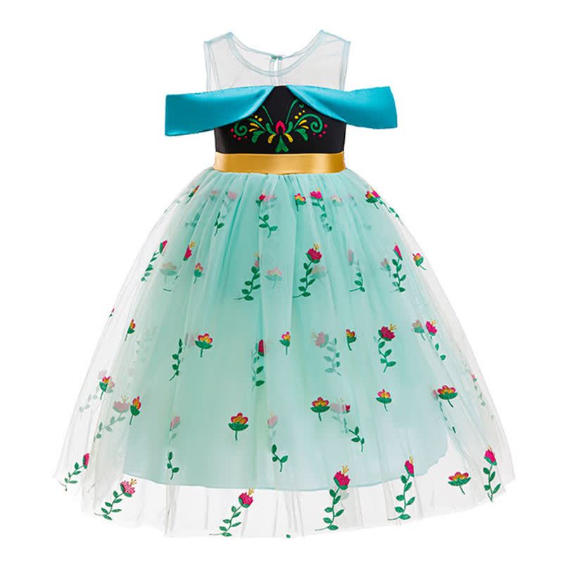 Mesh Floral Embroidery Patterns Split Joint Sleeveless Mid-long Dresses - Green - 7Y - image 1