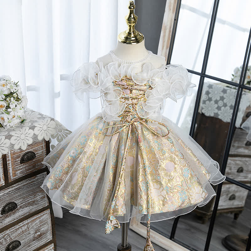 Jacquard Lace-up Sleeveless Midi Dresses - Champagne - 11-12Y - image 1