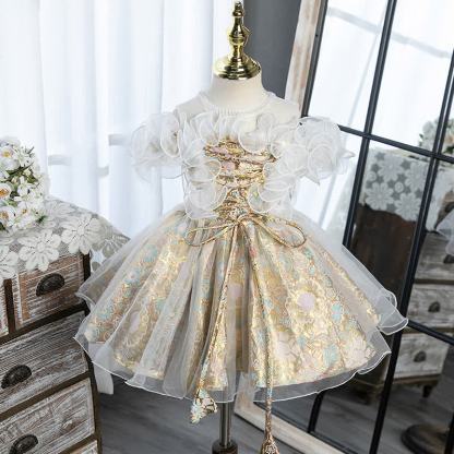 Jacquard Lace-up Sleeveless Midi Dresses - Champagne - 11-12Y - image 1
