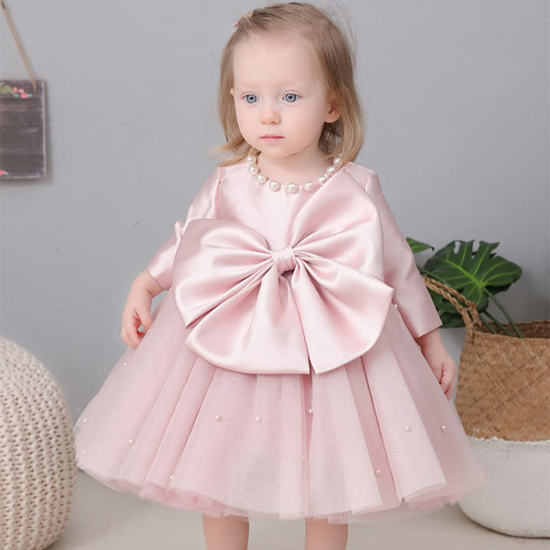 Satin Bow Long Sleeve Midi Dresses - Pink - 12-13Y - image 1