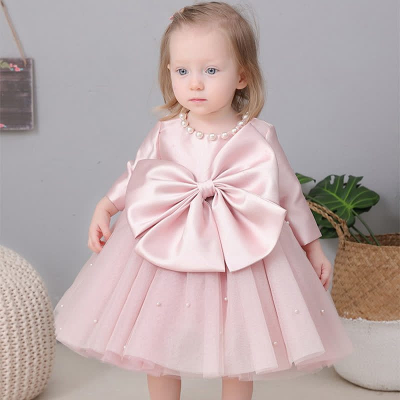 Satin Bow Long Sleeve Midi Dresses - Pink - 12-13Y - image 1
