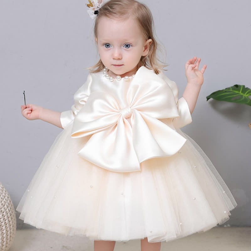 Satin Bow Long Sleeve Midi Dresses - Beige - 12-13Y - image 7