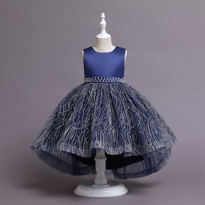 Satin Crystal Sleeveless Midi Dresses - Dark Blue - 10-11Y - image 5