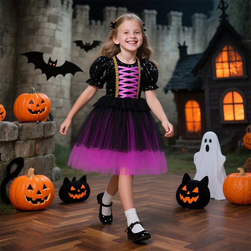 [Archive Sale] Mesh Folds Short Sleeve Mid-long Dresses - Black&Purple - 4Y - image 1