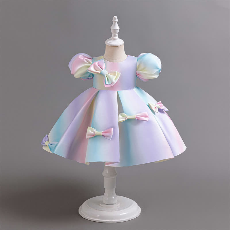 Satin Bow Short sleeve Midi Dresses - Sky Blue - 5-6Y - image 1