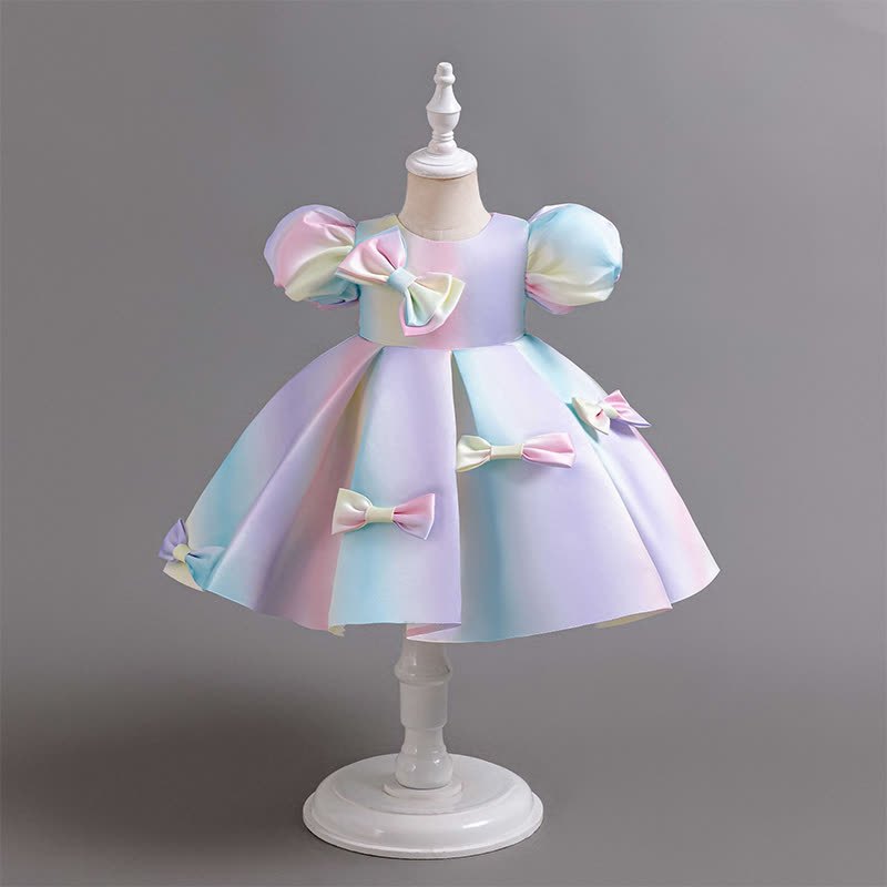 Satin Bow Short sleeve Midi Dresses - Sky Blue - 5-6Y - image 1