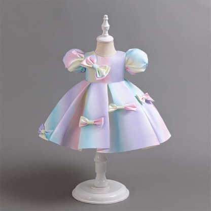 Satin Bow Short sleeve Midi Dresses - Sky Blue - 5-6Y - image 1