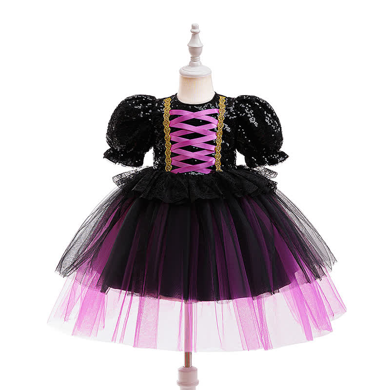 Mesh Folds Short Sleeve Mid-long Dresses - Black&Purple - 8Y - image 1