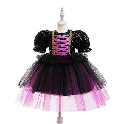 Mesh Folds Short Sleeve Mid-long Dresses - Black&Purple - 8Y - image 1