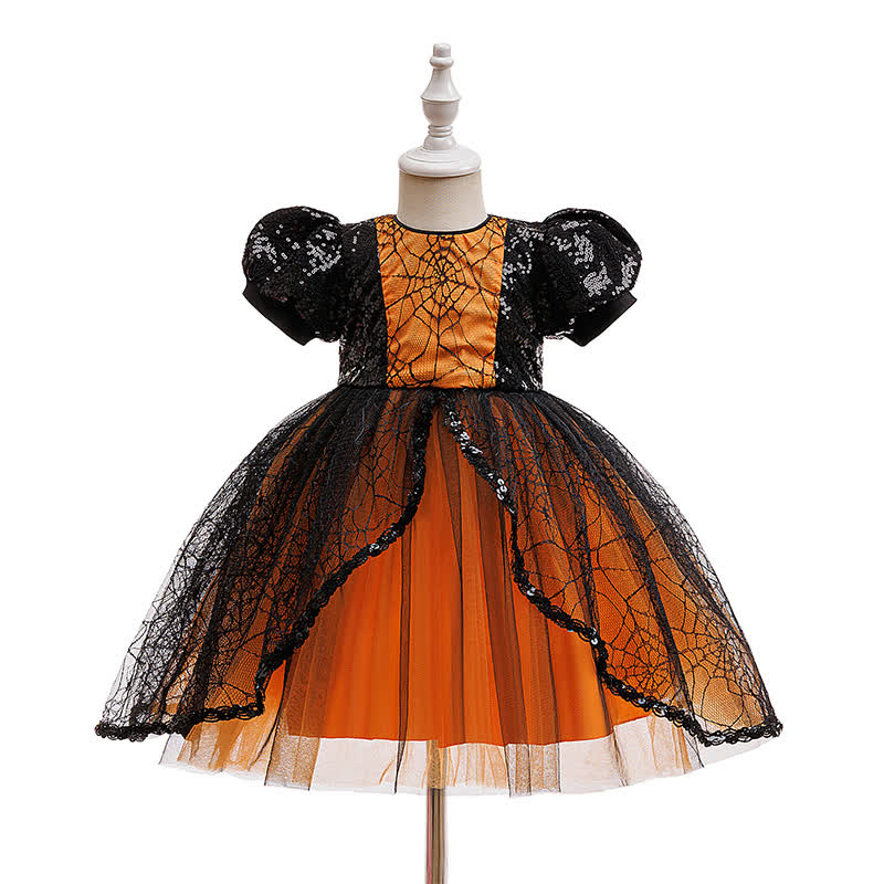 Mesh Folds Sequins Short Sleeve Mid-long Dresses - Black&Orange - 8Y - image 1