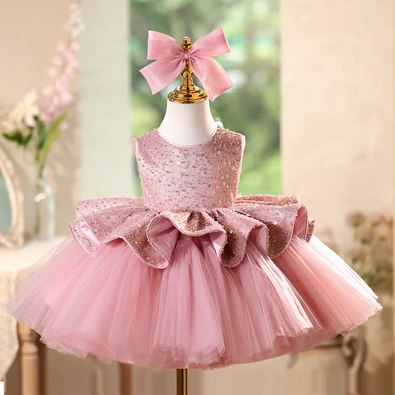 Mesh Folds Sequins Sleeveless Mid-long Dresses - Pink - 13-14Y - image 1