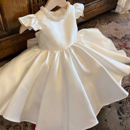 Satin Imitation Pearls Sleeveless Midi Dresses - White - 9-11Y - image 1