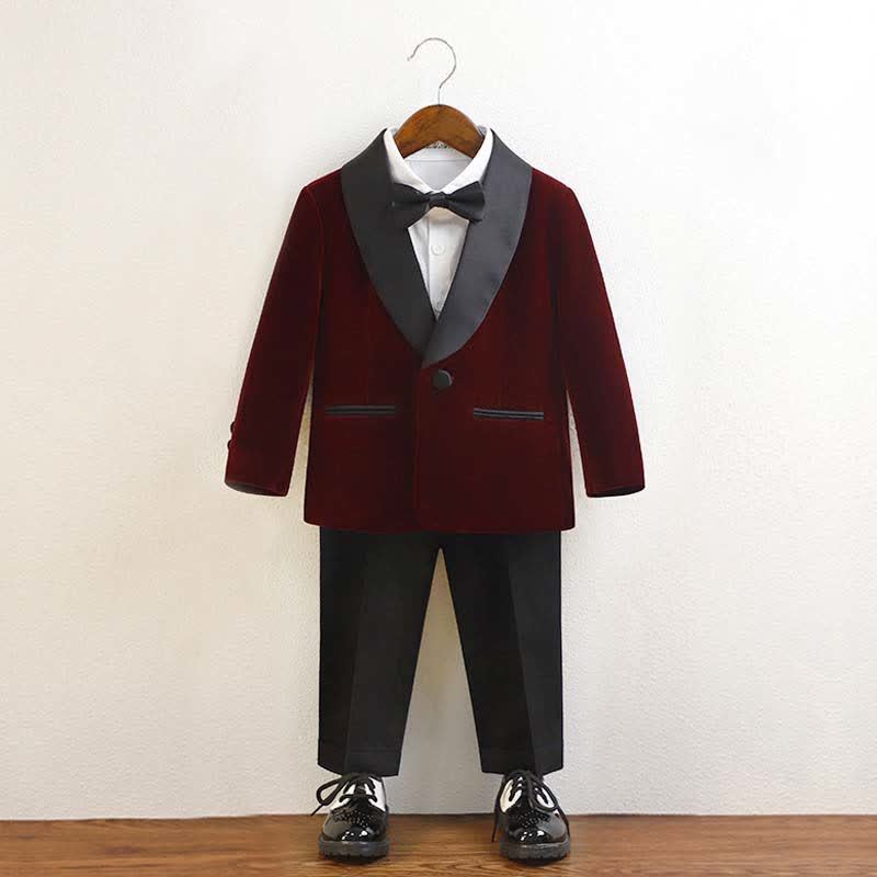 Velvet Button Pocket Stitching Long Sleeve Regular 4-piece Formal Suit - Red - 10-11Y - image 1